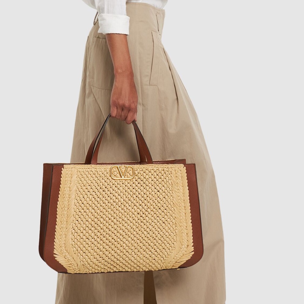 Valentino Garavani V Logo Large Signature Crochet Raffia And Leather Tote Bag
